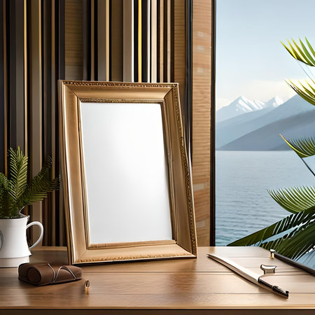 Blank picture frame on a wooden table in front of the window. 3d rendering mock upの素材