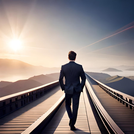 Businessman standing on the bridge over the sea with sunrise in the backgroundの素材