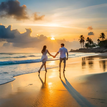 Couple holding hands and walking on the beach at beautiful sunset.の素材