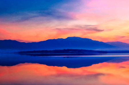 Beautiful sunset on the lake with mountains reflected in the water.の写真素材