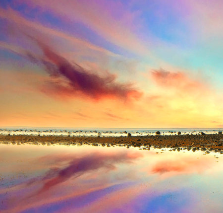 Sunset over the sea with reflection in water. Colorful sky.の写真素材