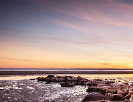 Beautiful sunset over the sea. Baltic sea, Latvia. Long exposure.の写真素材