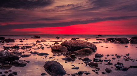 Beautiful seascape at sunset. Dramatic sky, long exposureの写真素材