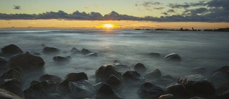 Sunset over the sea. Long exposure. Beautiful seascape.
