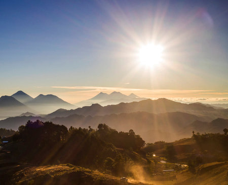 Sunrise over the mountain range in Chiangmai, Thailandの写真素材