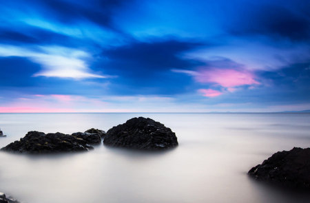 Beautiful seascape at sunset time. Long exposure shot.