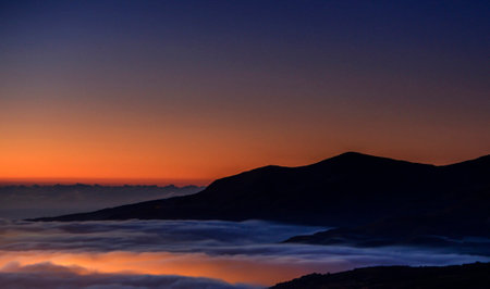Sunrise over the clouds in the mountains of La Palma, Canary Islands, Spainの写真素材