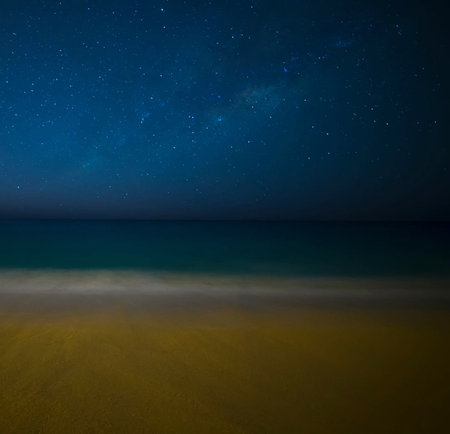 Night sky with stars and milky way over a sandy beach.の写真素材