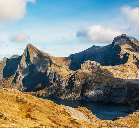 Mountains and fjord in Lofoten islands, Norwayの写真素材
