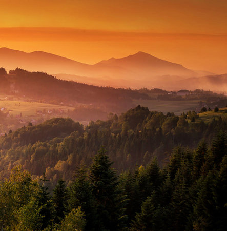 Beautiful sunset in the mountains. Carpathians, Ukraine, Europeの写真素材