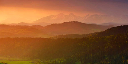 Beautiful sunset in the Carpathian mountains. Ukraine, Europe.の写真素材