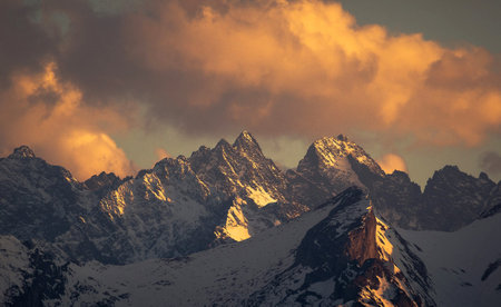 Beautiful sunset in the mountains. Caucasus, Dombay.