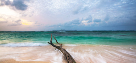 Beautiful sunset on the tropical beach. Seascape panoramaの写真素材