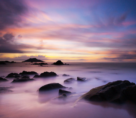 Beautiful seascape at sunset. Nature composition. Long exposure.の写真素材