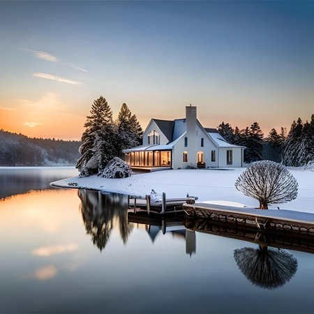 Luxury house on the lake at sunset. Winter landscape.の素材