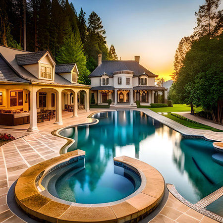 Swimming pool in luxury villa at sunset.  Luxury villa with swimming pool.の素材