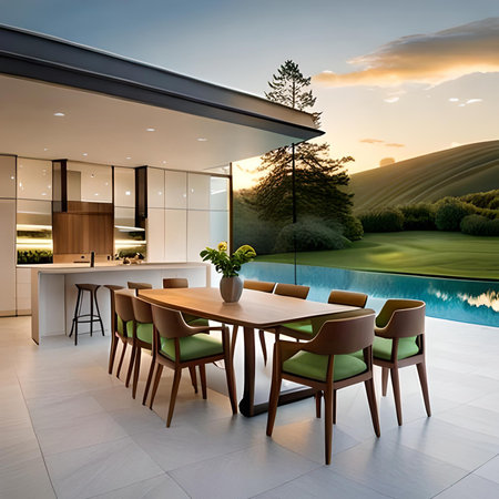 Luxury dining room with a view on the lake. 3d renderingの素材