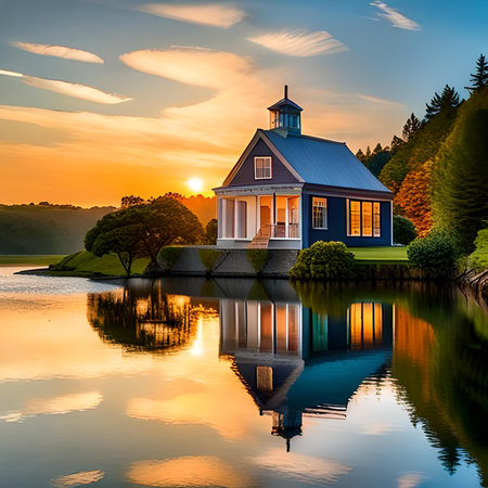Beautiful sunset over the lake with wooden house on the island.の素材