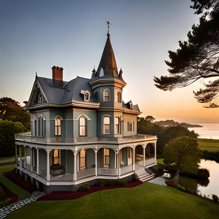 Luxury mansion on the lake in the park at sunset.の素材