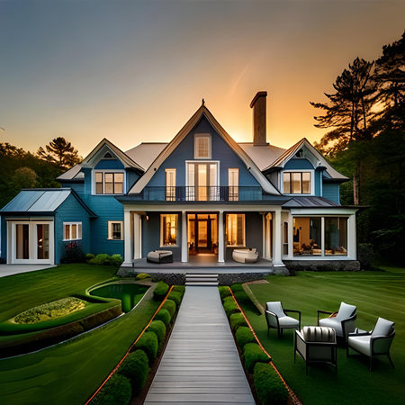 3d rendering of modern cozy clinker house on the ponds with garage and pool for sale or rent with beautiful landscaping on background. Clear sunny summer evening with blue sky.の素材