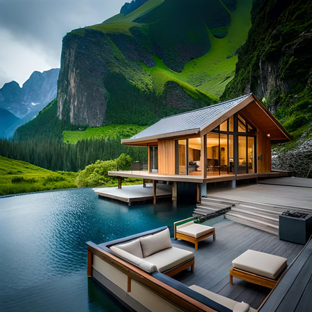3d rendering of modern cozy chalet with pool and parking for sale or rent in mountains. Beautiful summer evening with cloudy sky background.の素材