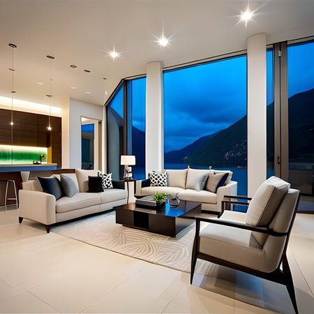 Luxury living room with a view of the mountains. 3d renderingの素材