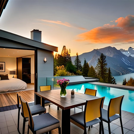 Outdoor patio with swimming pool. View of mountains at sunset.の素材