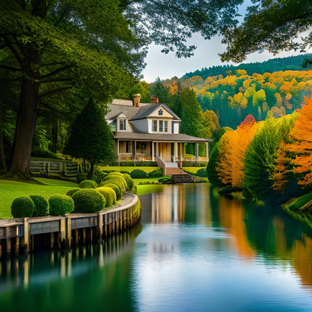 Autumn landscape with lake and house in the park. Colorful autumn forest.の素材