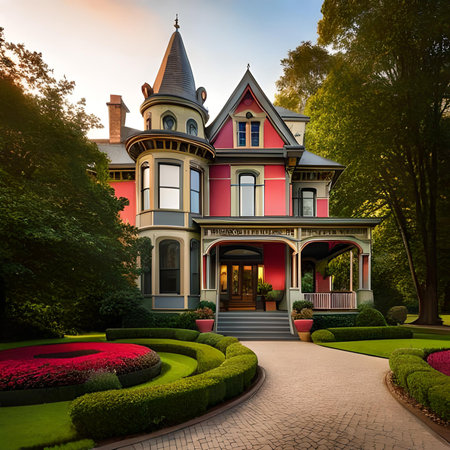 Beautiful house in the park at sunset. Toned image.の素材