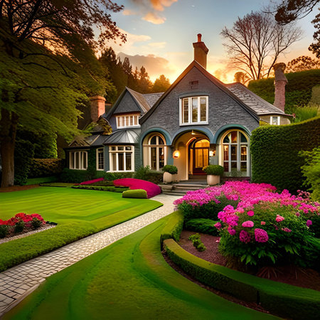 Beautiful luxury classic house in the garden at sunset with beautiful landscaping.の素材