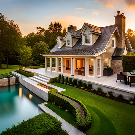 Luxury house with pool and garden at sunset. Northwest, USAの素材