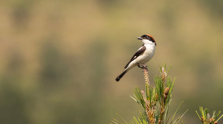 Male Red-backed Shrike (Lanius collurio) perched on a pine branchの写真素材