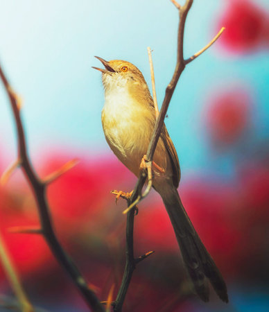Plain Prinia bird sitting on a branch with red flowers.の写真素材