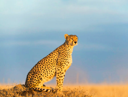 Cheetah sits on a rock in the savannah at sunsetの写真素材