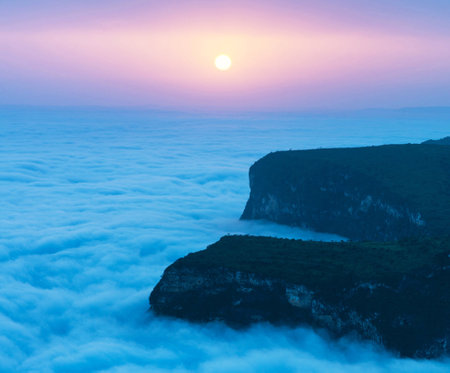 Beautiful sunrise over the sea of clouds, Crimea, Ukraine.の写真素材