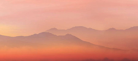 Beautiful landscape of mountain range at sunset time. Panorama.の写真素材