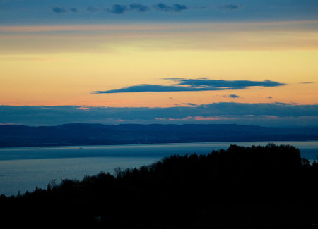 Sunset over Lake Balaton, Hungary. View from the hill.の写真素材