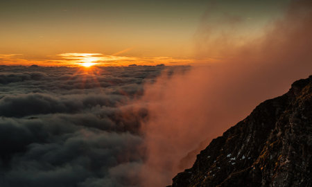 Sunrise over the clouds at Doi Inthanon National Park, Chiang Mai, Thailandの写真素材
