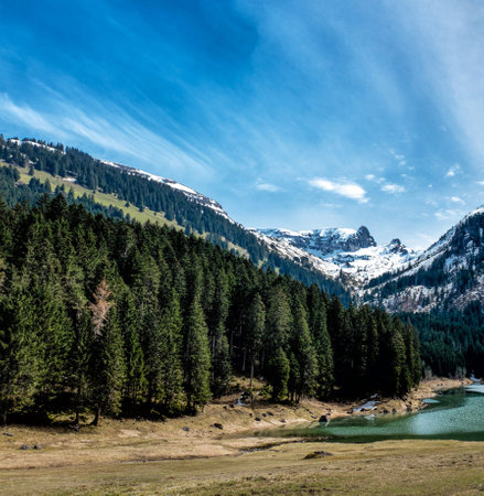 Mountain lake and green forest under blue sky in Dolomites, Italyの写真素材