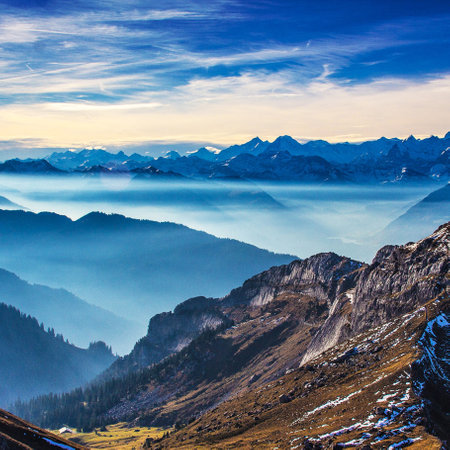 Mountain landscape with fog in the valley. Dolomites, Italyの写真素材