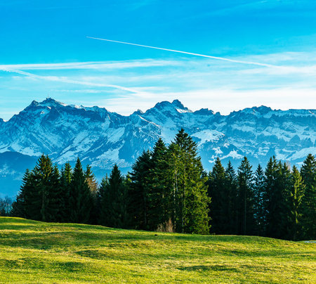Wonderful spring landscape in the swiss alps, Switzerland.の写真素材