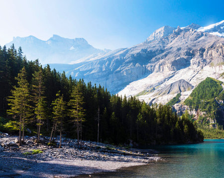 Mountain lake in Dolomites, Italy. Summer landscape.の写真素材