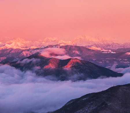 Sunset in the mountains of the Caucasus. View from the top of the mountain.の写真素材
