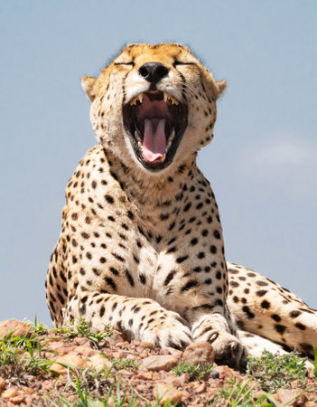 Cheetah yawning in Serengeti National Park, Tanzania