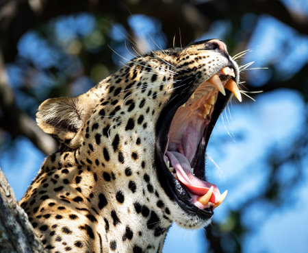 Leopard yawning in the Okavango Delta, Botswana