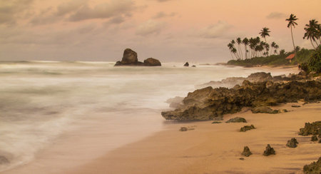 Tropical beach at sunset in Sri Lanka. Long exposure.の写真素材