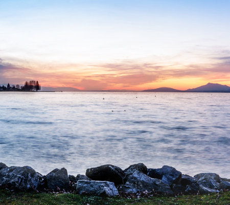 Sunset on Lake Maggiore in Tuscany, Italyの写真素材