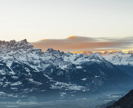 Mountain landscape at sunset. View from Zermatt, Switzerlandの写真素材