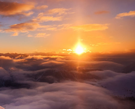 Sunrise over the clouds at Doi Inthanon National Park, Chiang Mai, Thailandの写真素材