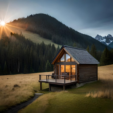 Wooden cottage in the mountains at sunset. The concept of ecological tourismの素材